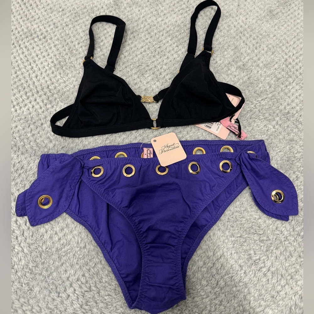 Agent Provocateur Black and Purple Set with Gold Details